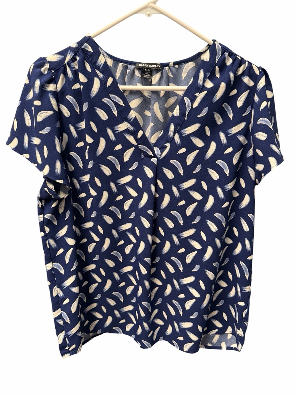 Hilary Radley Navy Blue Abstract Print V-Neck Blouse | Women’s Medium